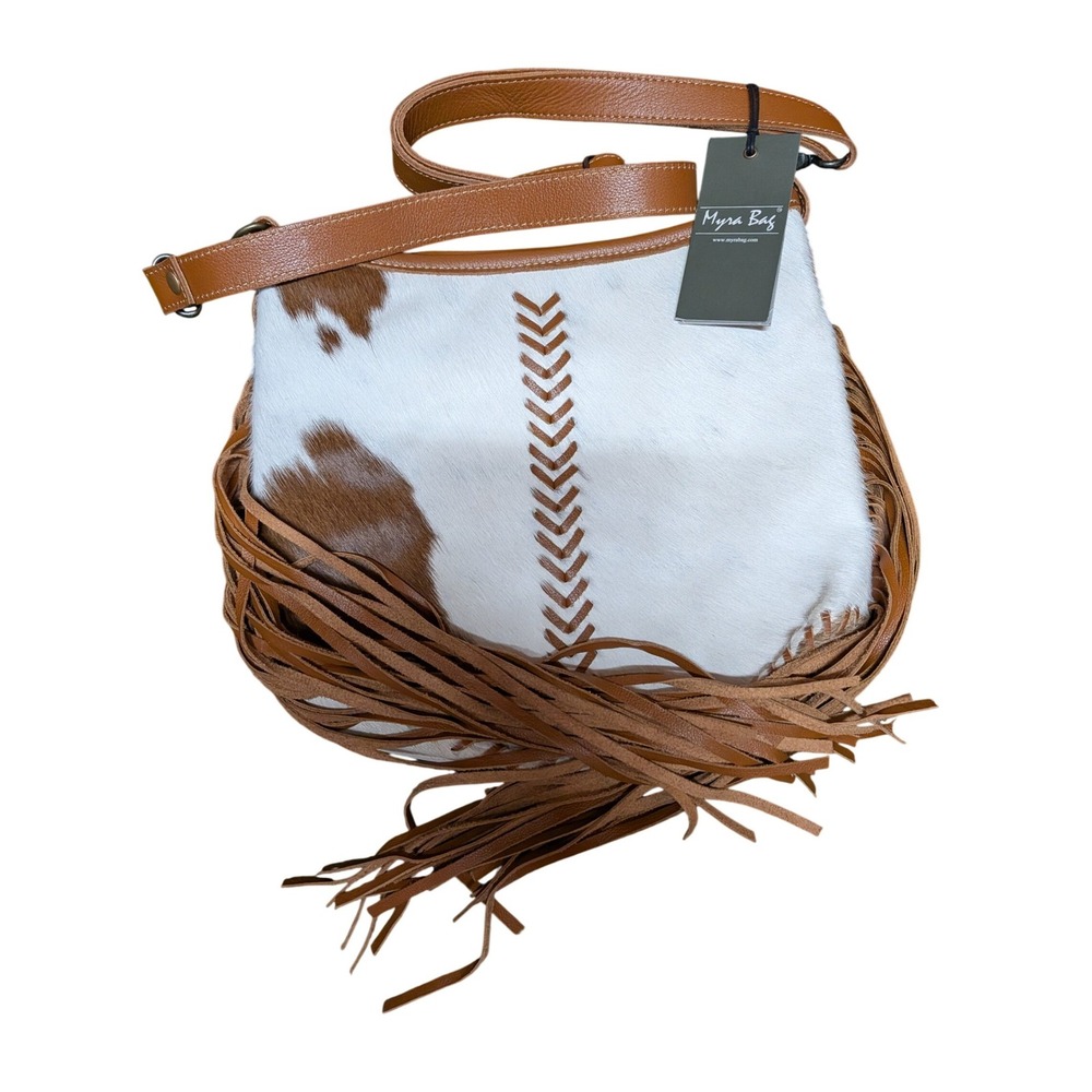 Myra Bag Cowhide Leather Fringe Crossbody Bag Brown White Western Boho NEW